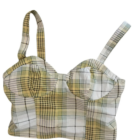 Twine and String Women Yellow Green White Plaid Shirt Size Medium Sleeveless - Picture 3 of 6